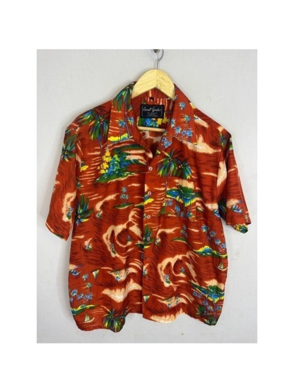Vintage Avant Garde Mens Tropical Hawaiian Shirt Orange Palm Tree Surfer Large